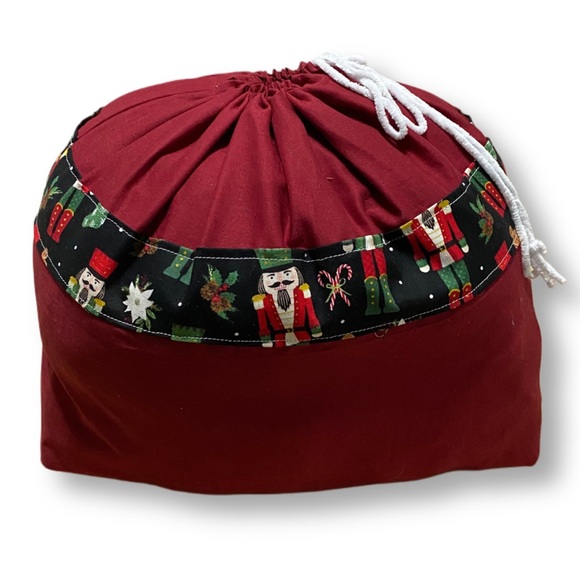Handmade, Brick Maroon Red Christmas Nutcracker Pull string Fabric Tote Bag Sack - Picture 3 of 7